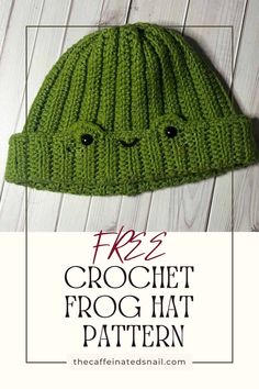 a green knitted hat with the words free crochet frog hat pattern on it