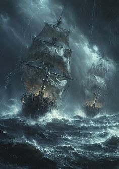 two ships in rough seas under stormy skies