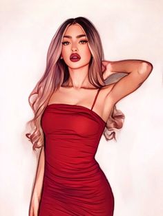 a drawing of a woman in a red dress with long blonde hair and lipstick on her lips