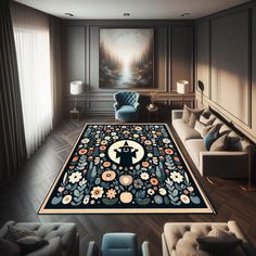 a living room with a large rug on the floor