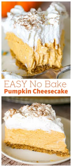 an easy no bake pumpkin cheesecake with whipped cream and cinnamon on top is shown