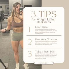 a woman standing in front of a gym machine with the text 3 tips for weight lifting beginners low - slow plan your workout