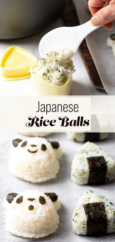 japanese rice balls with panda faces on them and a spoon in the middle to eat