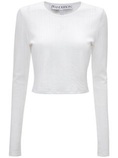 white cotton monogram jacquard crew neck scallop collar long sleeves cropped straight hem Jw Anderson, City Dress, Jersey Top, Summer Beach Wear, Airport Style, Fashion Stylist, Covet Fashion, Jacket Tops, Clothes For Sale