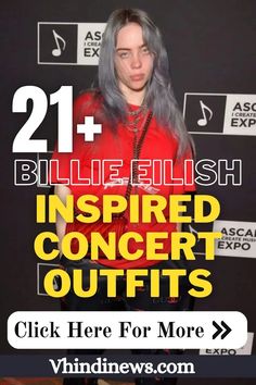 a woman with grey hair and red shirt standing in front of a black background text reads 21 + bille blish inspired concert outfits click here for more