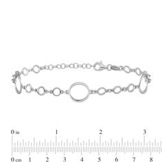 Add a little drama with this polished circle link bracelet. Hollow sterling silver Open circle links - three smaller and one larger - create the repeating pattern 4.7mm width 6.0 inches with 1.0-inch extender; lobster claw clasp Modern Round Chain Bracelet With Polished Finish, Adjustable Round Chain Bracelet With Solid Links, Modern Polished Chain Bracelet, Modern Round Bracelets With Adjustable Chain, Classic Round Chain Bracelet With Extender, Adjustable Round Chain Bracelet With Polished Finish, Modern Sterling Silver Bracelets With Rolo Chain, Modern Sterling Silver Bracelet With Rolo Chain, Sterling Silver Bracelet With Solid Round Links