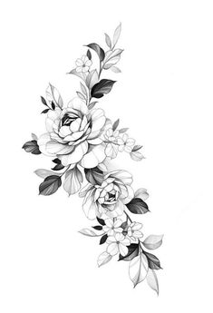 a black and white drawing of flowers with leaves on the bottom half of each flower