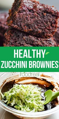 healthy zucchini brownies in a bowl with broccoli on the side