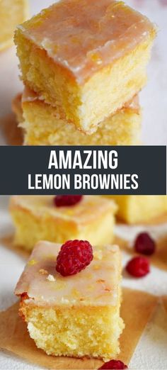 lemon brownies stacked on top of each other with raspberries in the middle