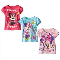 60% Cotton/40% Polyester Made In The Usa And Imported Machine Wash Three Crew-Neck T-Shirts Featuring Puffed Sleeves And Minnie Mouse Graphics Fun Pink Minnie Mouse Top, Cute Minnie Mouse Cotton Top, Playful Minnie Mouse Cotton T-shirt, Playful Cotton T-shirt With Minnie Mouse, Fun Cotton Minnie Mouse Top, Cotton Minnie Mouse Top For Playtime, Cute Minnie Mouse T-shirt For Summer, Casual Minnie Mouse Tops For Playtime, Cotton Minnie Mouse Short Sleeve Tops