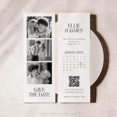 a save the date card with photos on it and a calendar in front of it