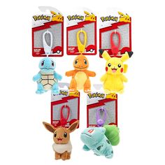 pokemon plush keychains are shown in the package, including pikachu and eebi