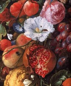 a painting of fruit and flowers on a table