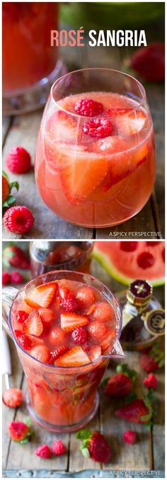 two pictures with strawberries in them and the words rose sangria