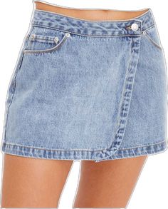 Chic Denim Skort For Summer, Chic Denim Blue Skort For Summer, Chic Medium Wash Summer Skort, Summer Chic Medium Wash Skort, Chic Medium Wash Skort For Summer, Summer Denim Skort For Day Out, Chic Denim Skort For Spring, Denim Blue Mid-rise Skort For Summer, Spring Mid-rise Medium Wash Skort