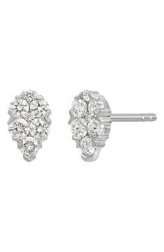 A twinkling total of 18 round diamonds sparkles from pear-shaped studs set in 18-karat gold. 1/4" diameter Total diamond weight: 0.29ct. Color: G Clarity: VS 18k gold/diamond Imported >Diamond Guide Platinum Pear-shaped Diamond Earrings With Prong Setting, Diamond White Brilliant Cut Pear-shaped Earrings, Luxury Teardrop Diamond Cluster Earrings, Teardrop Platinum Diamond Earrings With Prong Setting, White Gold Pear-shaped Earrings With Single Cut Diamonds, Platinum Pear-shaped Diamond Earrings With Accents, Classic Diamond Cluster Earrings, Pear-shaped, Classic Diamond Cluster Earrings Pear-shaped, Pear-shaped Diamond Earrings In White Gold