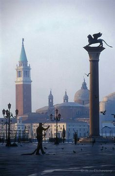 a statue in the middle of a plaza with birds flying around and buildings in the background