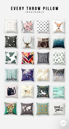 pillows with different designs on them and the words every throw pillow