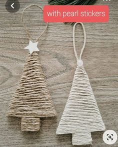 twine wrapped christmas tree ornament with pearl stickers on the top and bottom