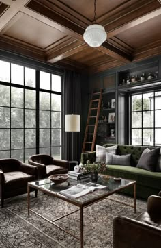 a living room with couches, chairs and windows in the wall to ceiling wood paneling