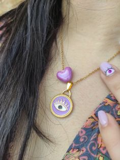 Handmade necklace 45cm + 5cm extention chain Material: Stainless steel Evil Eye Choker Necklace As Gift, Evil Eye Choker Necklace For Gift, Trendy Adjustable Evil Eye Necklace, Trendy Adjustable Evil Eye Necklaces, Evil Eye Earrings, Girly Gifts, Purple Earrings, Purple Eyes, Eye Earrings