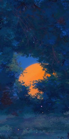 an oil painting of the sun setting through some trees in the forest with blue and yellow hues