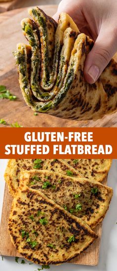 the gluten - free stuffed flatbread is cut in half and ready to be eaten