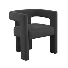 a black plastic chair with an armrest and seat cushion, viewed from the front