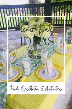 a table set with yellow and white place settings for an outdoor dinner party or brunch