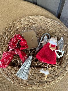 a basket filled with assorted items on top of a table