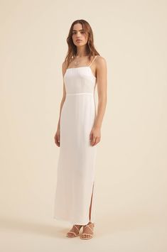 SELENE Maxi Dress - Soft White - ROVE Designs Minimalistic Aesthetic, Straight Neckline, Side Splits, Straight Lines, Draped Fabric, Understated Elegance, Together We Can, Natural Shapes, Side Split