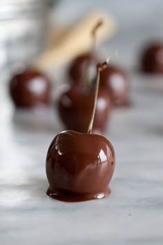 some chocolate apples sitting on top of a white table and one has a stick sticking out of it