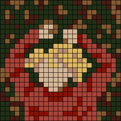 an image of a cross stitch pattern in red, green and yellow colors with a flower on it