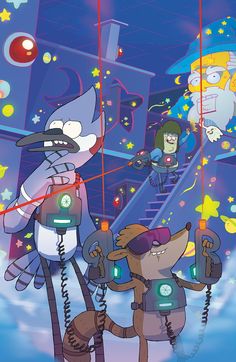 the cartoon characters are standing in front of some stairs and stars, with one person holding up