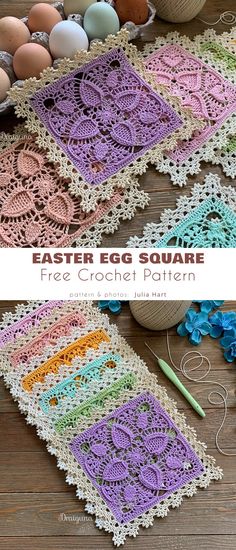 crocheted easter egg squares with eggs in the background