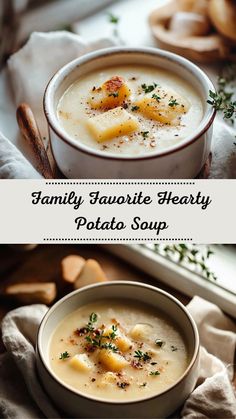 two bowls filled with potato soup on top of a table