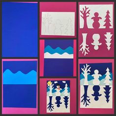 paper cut out of different shapes and sizes on a pink, blue, and purple background