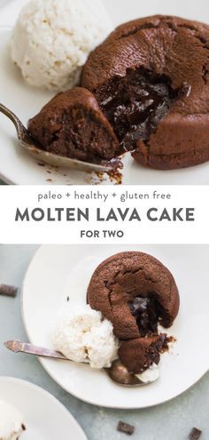 two plates filled with chocolate lava cake and ice cream