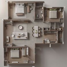 an overhead view of a three bedroom, two bath apartment with living room and kitchen