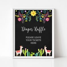 a baby shower sign with llamas and cactus