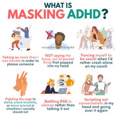 The term 'masking' is thrown around a lot but what does it actually look/feel like in action?  I bet you've done a few of these too 😉  💥Learn more ways to manage your ADHD brain with my #1 best seller book/workbook: 'Activate your ADHD Potential'  http://bit.ly/activateadhd  #adhdcoach #adhd #adultadhd #adhdisreal #adhdprobs #adhdawareness Masking Neurodivergent, Add Help Attention Deficit Tips, How To Unmask Neurodivergent, Add Diagnosis In Adults, Tips For Autistics, Health Awareness