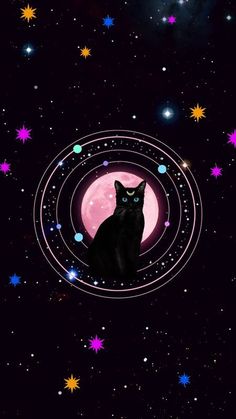 a black cat sitting on top of a pink moon surrounded by stars in the night sky