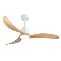 a white ceiling fan with wooden blades on the blade and two light bulbs attached to it