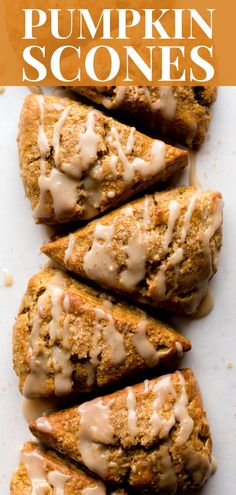 pumpkin scones with icing on top and the title above it is an image