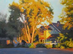 an oil painting of a yellow house and trees in the foreground with a white car parked on the street