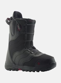 the snowboard boots are black and have red trims on each side of them