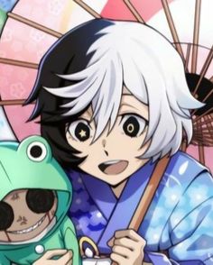 an anime character is holding a frog in front of a geisha umbrella and looking at the camera