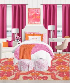 a bedroom with pink and orange decor, white furniture, and large window curtains on the windowsill