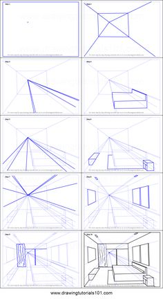 how to draw a room in perspective with different angles and lines on the walls,