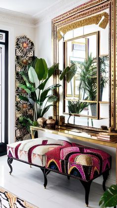 a mirror and bench in a room with plants on the wall, potted plant behind it